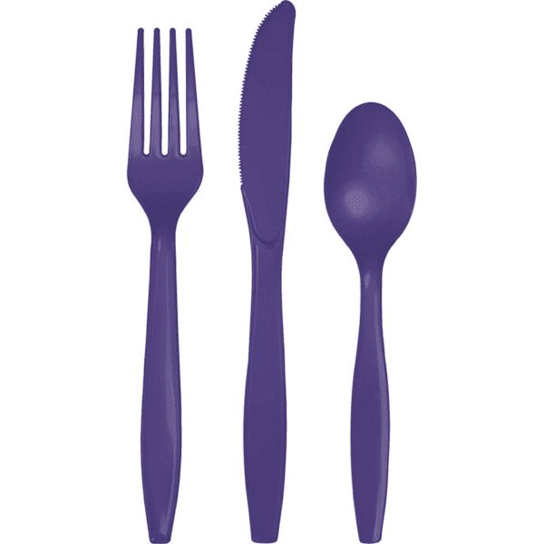 A purple plastic fork, knife and spoon set.