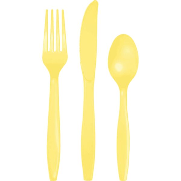 A yellow plastic fork, knife and spoon set.