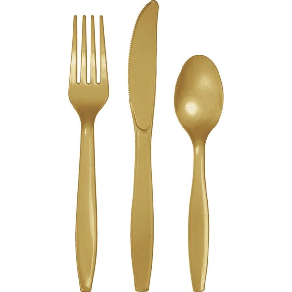 A set of gold plastic silverware with a fork, knife and spoon.