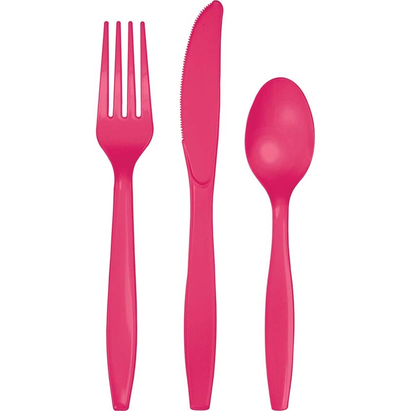 A pink plastic fork, knife and spoon set.