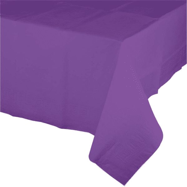 A purple table cloth is sitting on the floor.