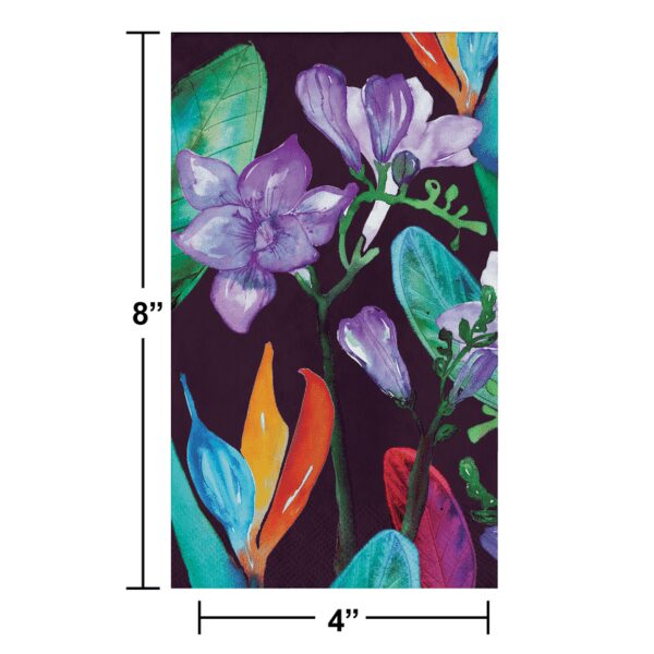 A painting of purple flowers and leaves on a black background.