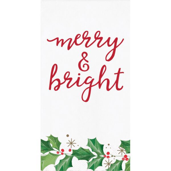 A merry and bright towel with holly leaves.