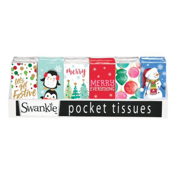 A set of six christmas themed pocket tissues.