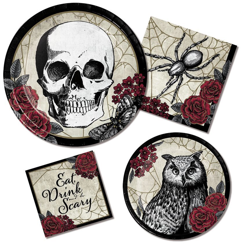 A set of plates and napkins with skulls, roses, and owls.