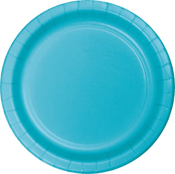 A blue paper plate with a white background