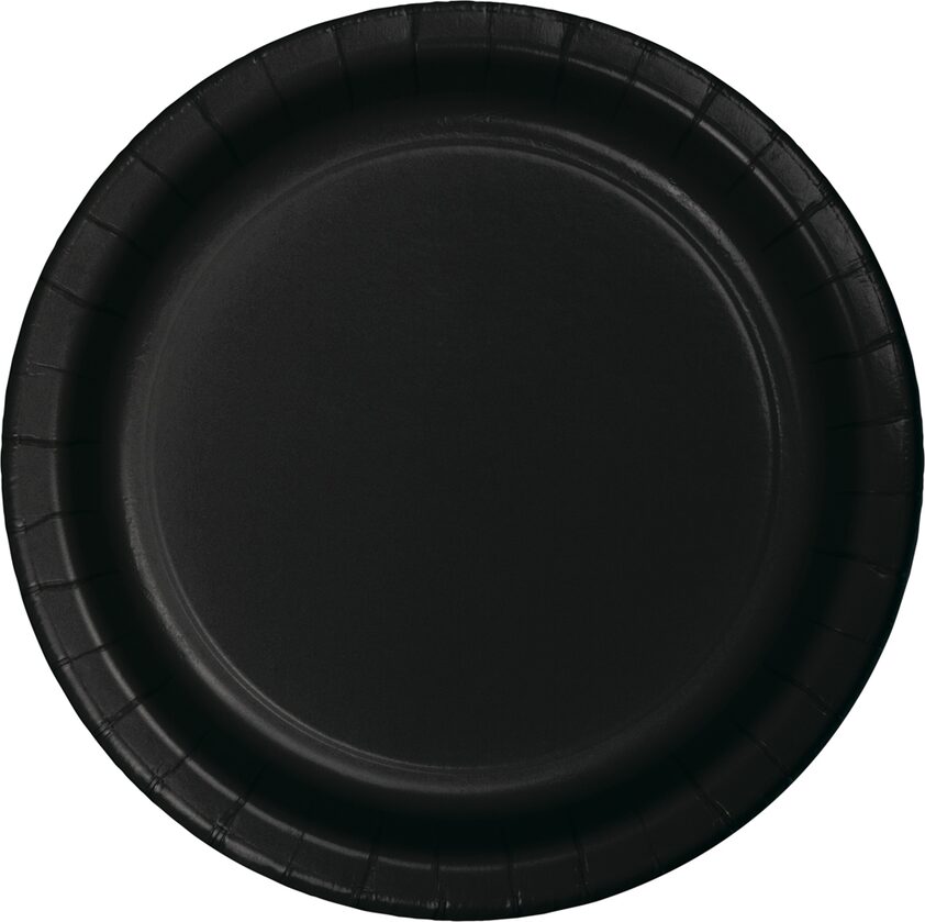 A black paper plate with a black rim.