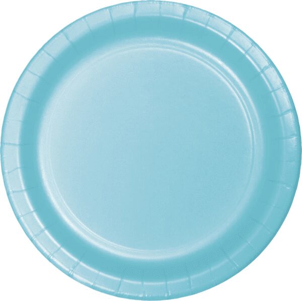 A light blue paper plate with a white background.