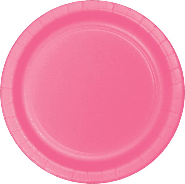 A pink paper plate with a white background