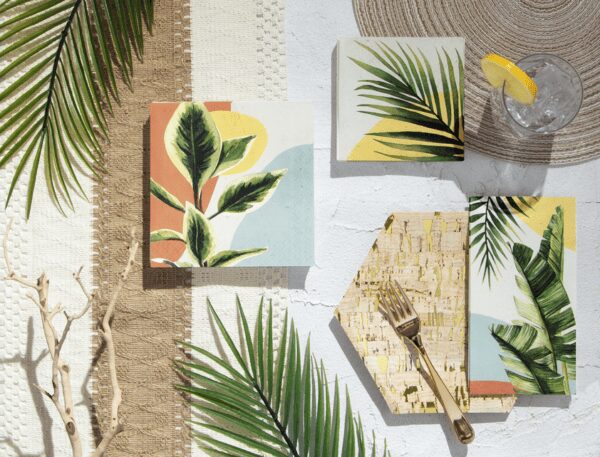 A table with palm leaves and a cutting board