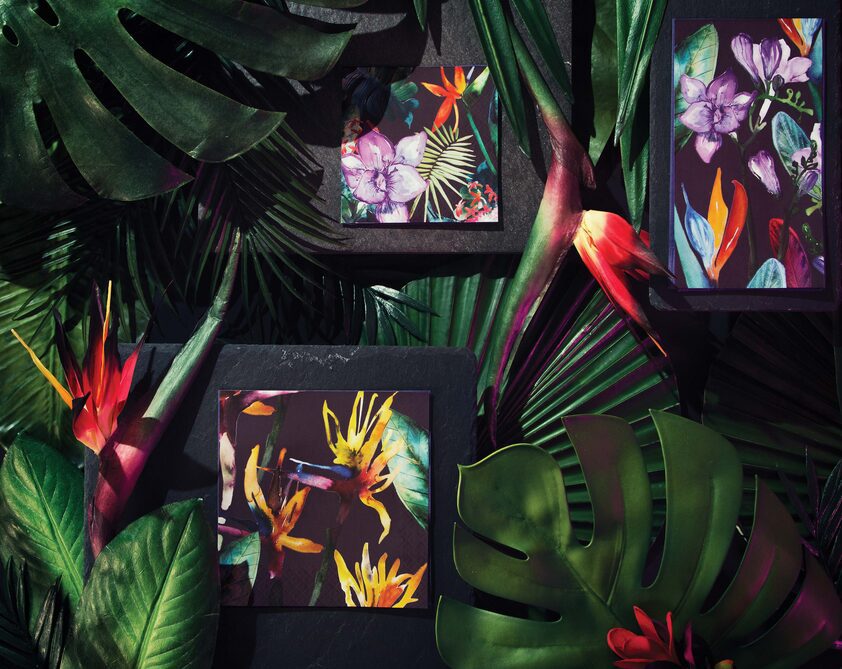 A group of tropical flowers on display in a room.