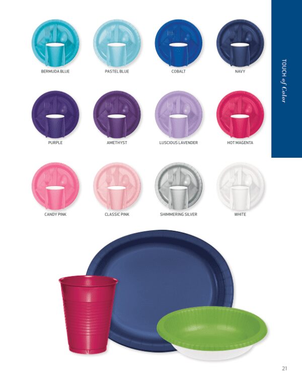 A table with many different colored plates and cups