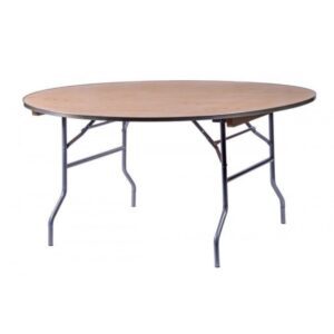 A round table with metal legs and wooden top.