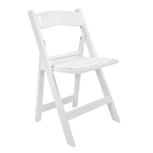 A white folding chair with a padded seat.